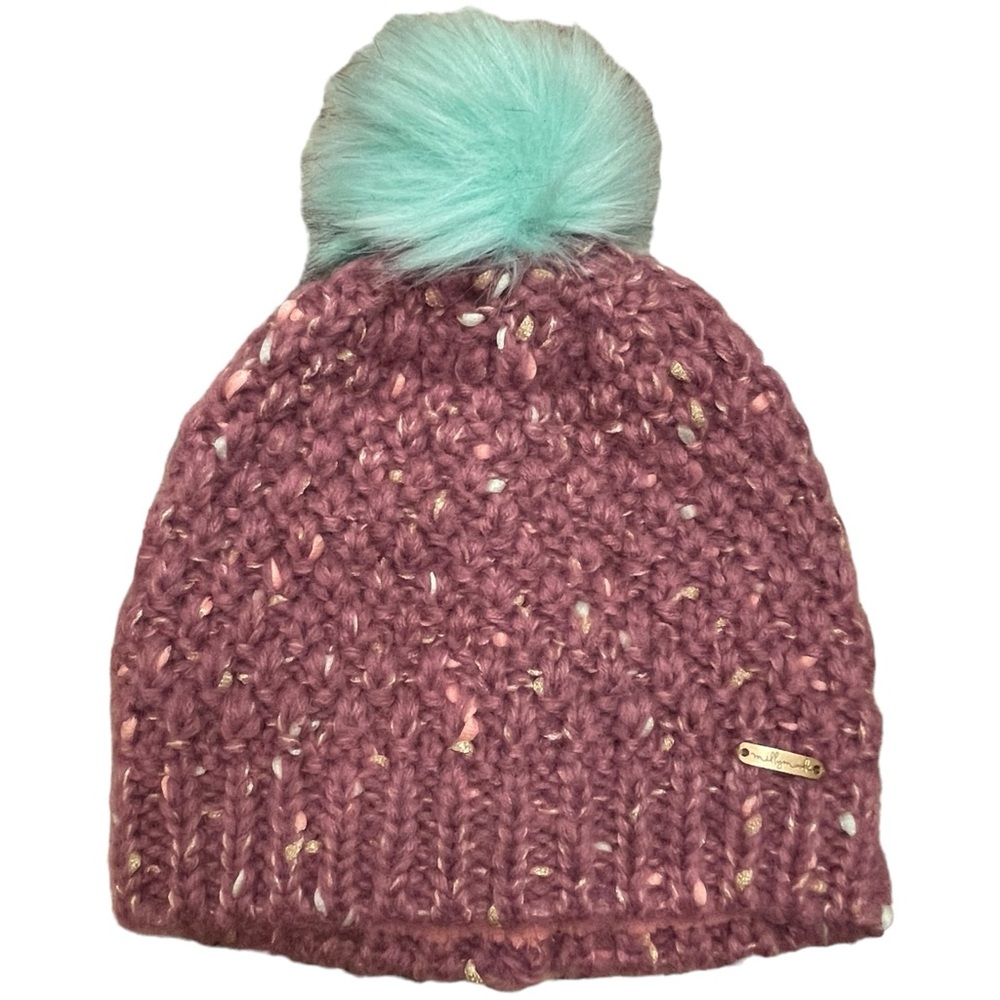 MILLYMOOK Knit Hat Pink/Gold Chunky Knit Green Pompom OS